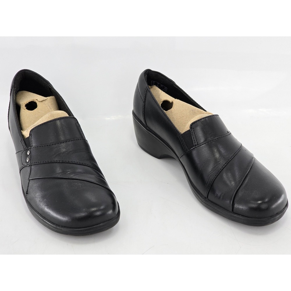 Clarks Leather Slip On Loafers Womens 7 Black Comfort Wedge Shoes - Excellent